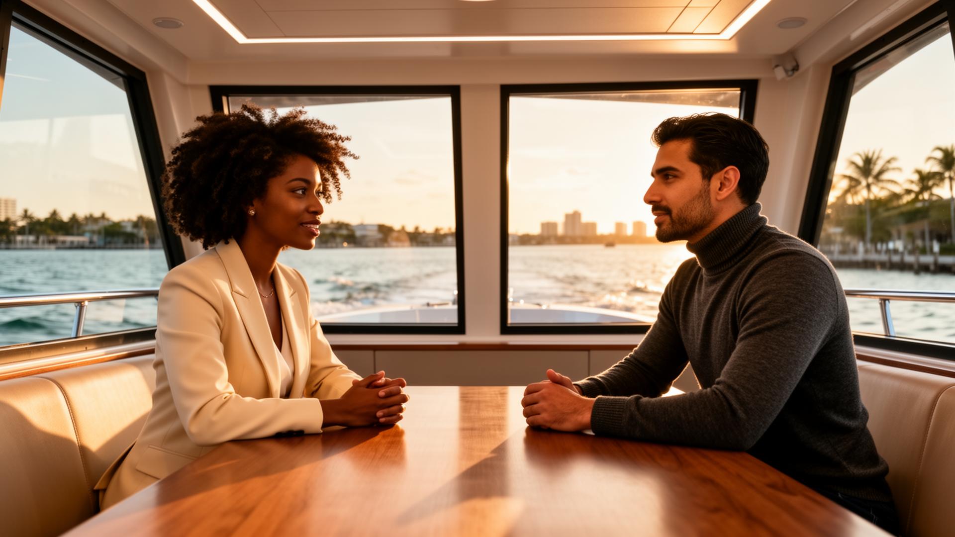 Two founders in conversation aboard a Miami water taxi reimagined as a floating boardroom overlooking Biscayne Bay